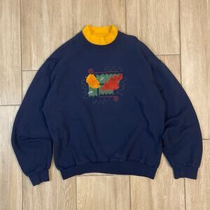 Vintage 90s Embroidered Leaf Sweatshirt Womens Medium Navy Yellow Mock Neck